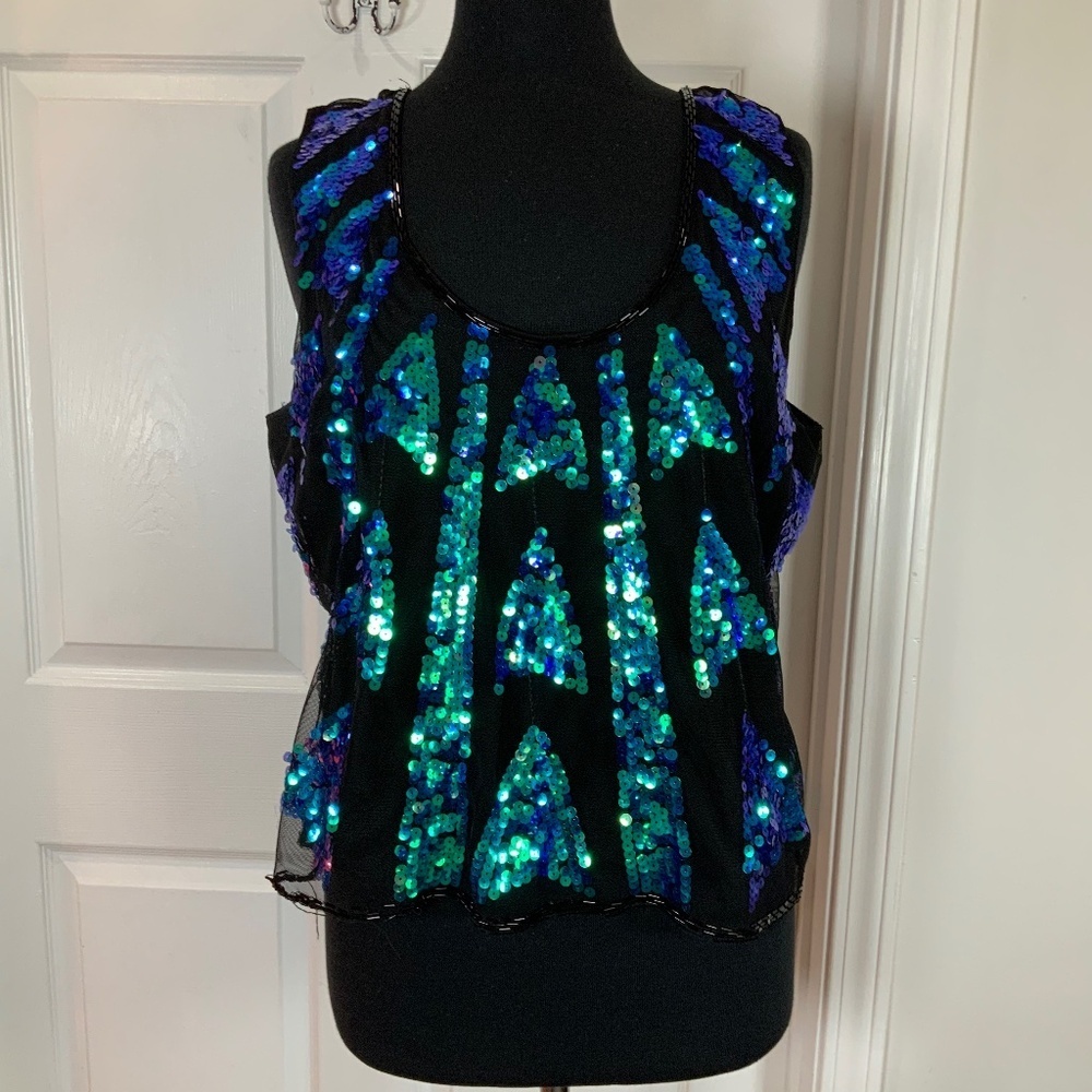 Peacock Sequins Blue Green Sleeveless Party Evening Tank Size 2X